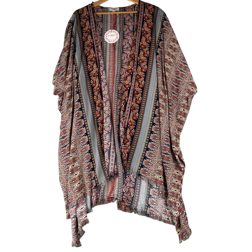 Umgee USA Boho Paisley Floral Kimono Wrap Fringe Trim Rust Navy S/M New 🍁🍂